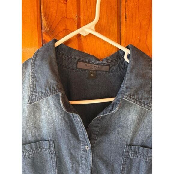 Nine West Button-Down Denim Shirt Dress with 3/4 Sleeves - Versatile Dark Wash - Picture 3 of 3